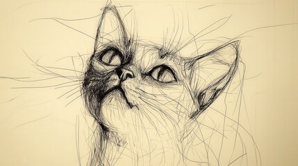 Abstract Line Art of a Cat in Black and White with Sketchy Details