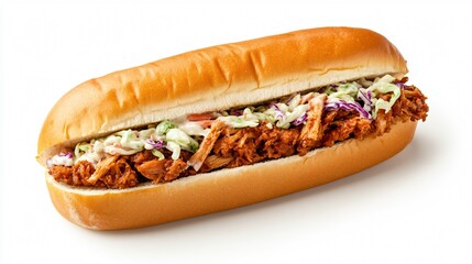 Pulled Pork Sandwich with Coleslaw on Soft Bun Isolated on White Background