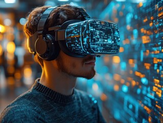 Young man experiencing virtual reality technology with a futuristic headset surrounded by glowing digital interfaces and data patterns in a modern environment