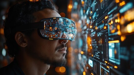 Young Man Engaging with Futuristic Virtual Reality Technology, Surrounded by Bright Data Interfaces and Digital Displays in a High-Tech Environment