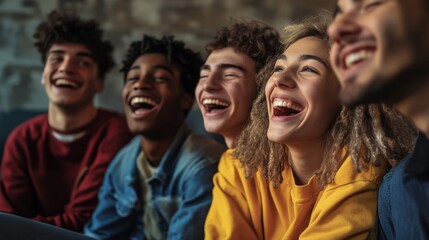 Obraz premium Group of friends laughing and enjoying time together indoors during a relaxed gathering