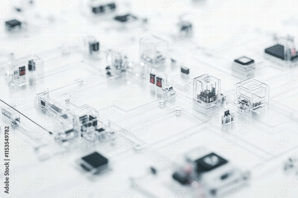 Poster transparent technological components on a white background creating an abstract pattern