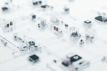 Transparent technological components on a white background creating an abstract pattern