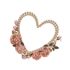 Watercolor bouquet of coffee rose with a pearl heart in pink, mocha mousse palette. Botanical clipart for wedding, Valentine's Day, poster, postcard, women's card, poster, mother's day, web design