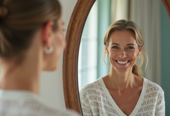 A woman smiles brightly as she looks at herself in the mirror.
