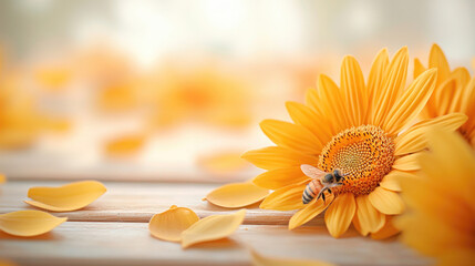 bee on sunflower with petals on table 