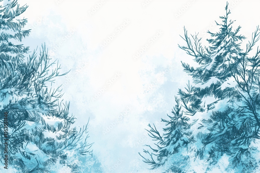 Poster winter themed doodle featuring snowy trees and a serene atmosphere in a tranquil landscape. generati