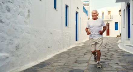 Active elderly caucasian man jogging through picturesque greek street for a healthy lifestyle