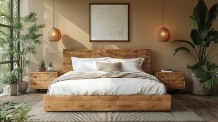 Beige bedroom wall with wooden furniture. Generative AI