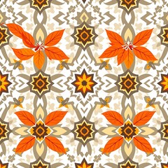 Autumnal Floral Pattern: A vibrant, earthy palette of orange and brown blossoms and intricate geometric shapes, creating a seamless, contemporary pattern that evokes the warmth and beauty of autumn.