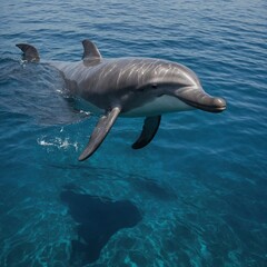 "A serene river dolphin surfacing in calm blue waters, under a bright white sky."