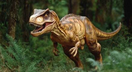 Obraz premium an extremely realistic and detailed dinosaur in the jungle, facing forward with its mouth open to eat leaves from the trees.