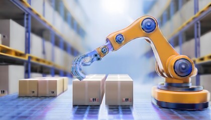 Future Consumer and technology concept: Advanced supply chain, robotic arms sorting packages in a warehouse.