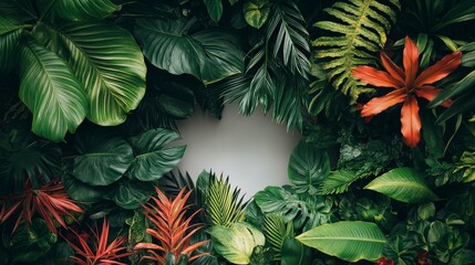 Naklejka premium Lush Greenery and Vibrant Leaves Framing a Blank Space for Design