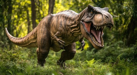 Fototapeta premium an extremely realistic and detailed dinosaur in the jungle, facing forward with its mouth open to eat leaves from the trees.