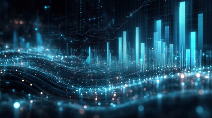 Abstract Digital Visualization of Data Waveform with Glowing Blue Bars and Sparkling Particles in a High-Tech Style on a Dark Background