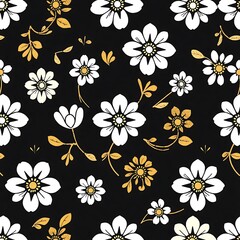 Elegant Floral Pattern: Gold and White Flowers on Black Background 