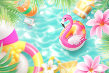 Fototapeta premium Playful summer poolside scene with inflatable flamingo, pink flowers, and refreshing water. Tropical vibe perfect for vacation or leisure themes.