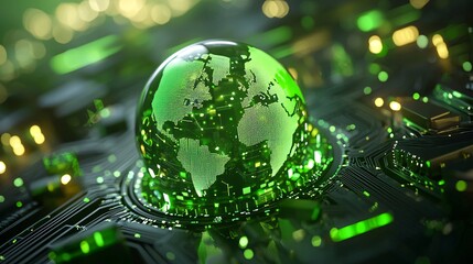 Consumer Trends and Technology Trend Concept. Green Globe on Circuit Board with Futuristic Design