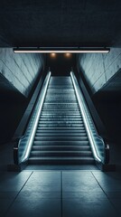 Modern escalator in a busy urban station with glass walls and steel stairs, moving people up and down in the city mall or airport