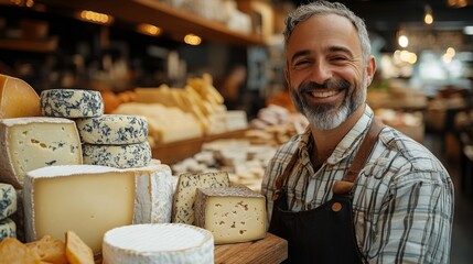 A smiling cheese seller stands proudly behind a display of assorted artisanal cheeses at a lively market. The atmosphere is warm and inviting as customers browse the selection.
