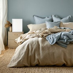A cozy bedroom with a calming color palette, soft bedding, and a plush rug. A blank white picture frame sits on the nightstand.