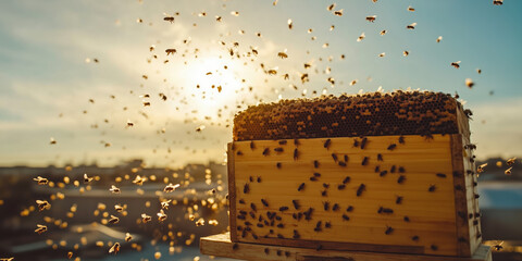 Beehive box with flying bees against sunset sky. Natural honey production advertising
