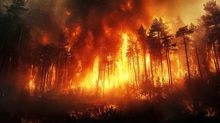 Obraz premium Fiery explosion in the dark forest with intense flames and smoke illuminating the night sky