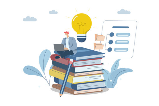 Businessmen are constantly studying or learning new skills, leading to business success, Concept of development towards success, Reading books or seeking knowledge creates idea and inspiration.