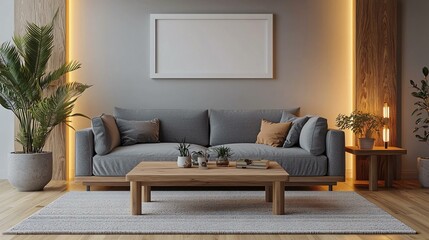 A minimalist living room with a gray sofa, wooden coffee table, and ambient lighting. A blank white picture frame is above the sofa.