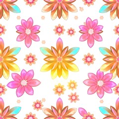 Obraz premium Floral Fiesta: A vibrant and cheerful pattern of pink, yellow, and orange flowers in various sizes, creates a joyful and energetic visual feast.
