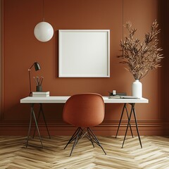 A minimalist office with a desk, chair, and a blank white picture frame.