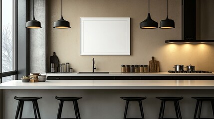 A modern kitchen with a clean countertop, black stools, and pendant lights. A blank white picture frame hangs above the sink.