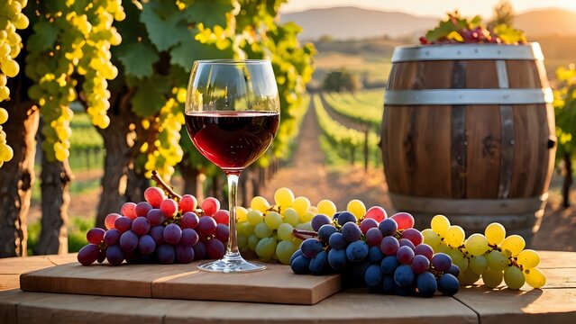 Un bicchiere di vino, grappoli d'uva, una botte e sullo sfondo un vigneto  - Azienda vinicola