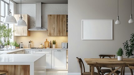 A spacious kitchen with clean white countertops, a wooden dining table, and hanging lights. A blank white picture frame is mounted on the wall.
