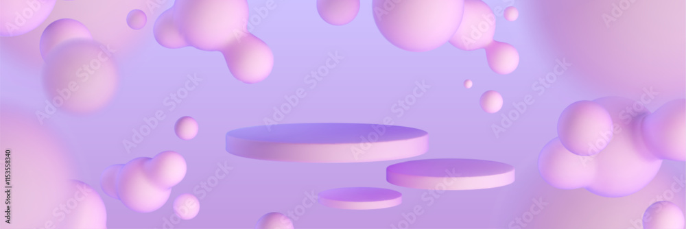 Poster three floating circular podiums surrounded by soft spherical blobs. pastel pink and purple environme