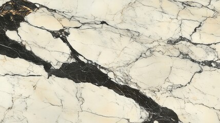 Close-up of elegant white and black marble texture with gold veins.