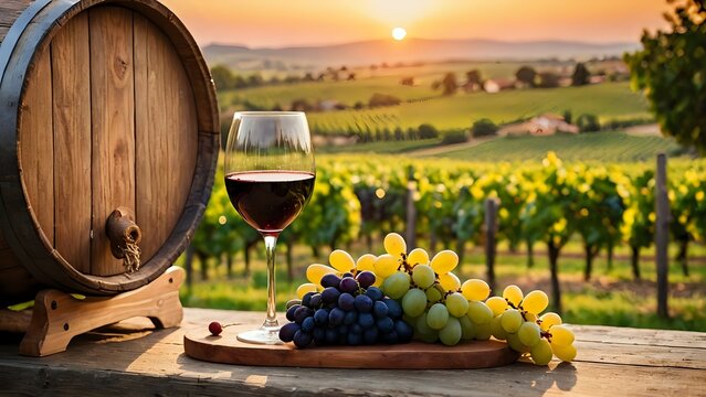 Un bicchiere di vino, grappoli d'uva, una botte e sullo sfondo un vigneto  - Azienda vinicola