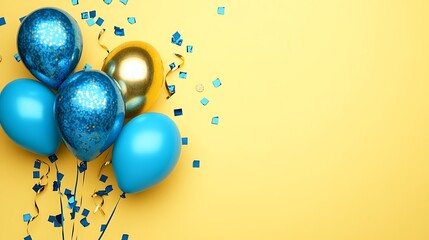 Vibrant Blue and Gold Balloons Celebrate Joyfully on Yellow Background - 3D Render Mockup. AI Generated