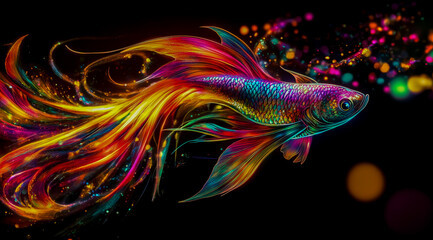 A colorful phoenix-like fish with a long tail on a black background.