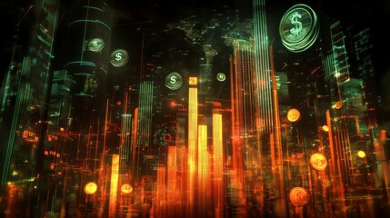 Fototapeta premium A visualization of corporate profitability, featuring dollar coins, rising bar charts, and glowing economic indicators.