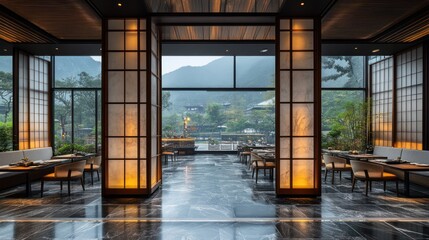 Fototapeta premium Modern restaurant interior with mountain view, shoji screens, and dark wood accents.
