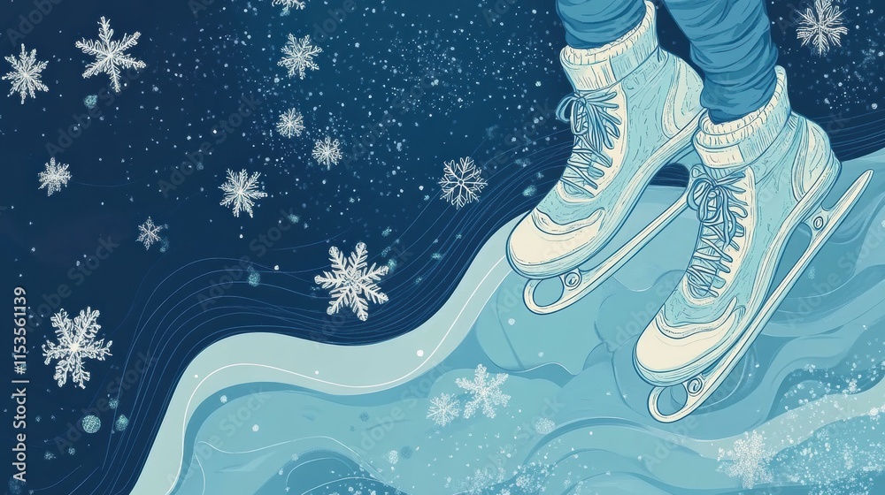 Poster Winter skating on a frozen lake with snowflakes gently falling in a calm and serene atmosphere. Generative AI