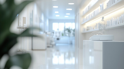 Minimalist modern medical clinic with clean white design, defocused background.