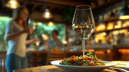 Restaurant Scene Featuring Wine and Pasta Dish
