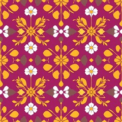 Crimson Floral Tapestry: A vibrant and intricate pattern of stylized flowers and leaves in shades of crimson, gold, and white, creating a rich and elegant textile design. Perfect for fashion.