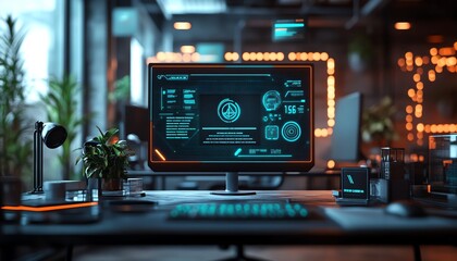 Advanced quality assurance concept with a business certificate glowing in a professional office, compliance improvement metrics, sleek and vibrant aesthetic, hyperdetailed visuals