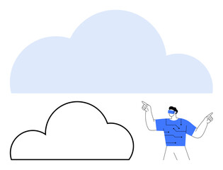 Man pointing upward toward large cloud shapes, depicting cloud technology. Ideal for cloud computing, storage, data management, networking, technology, internet services and futuristic themes. Line