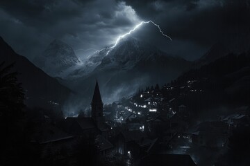 Fototapeta premium Lightning Bolt Hits Town in Mountains