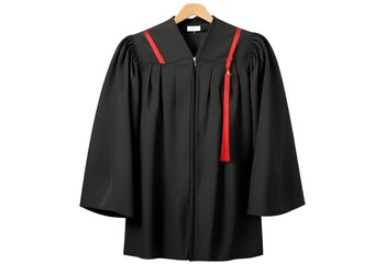 A black graduation gown with a red tie